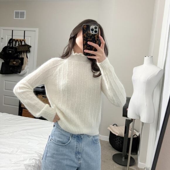 sezane white mohair wool fuzzy dainty mock neck turtleneck sweater